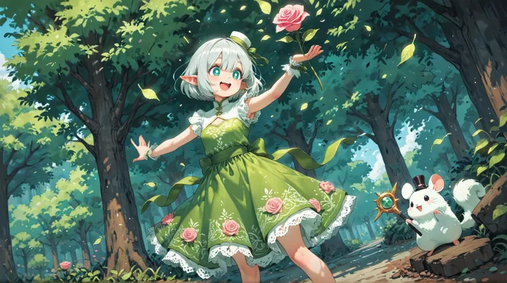 score_9, score_8_up, score_7_up, UHD, Masterpiece, amazing quality, very aesthetic, absurdres, ultra-detailed, 1girl\solo\(hamuko-chan, elf, silver bob cut,  mini hat\pink rose\lace, Intricate:1.3\Green leaf dress\frill, lace), stand on the leaves of the w...