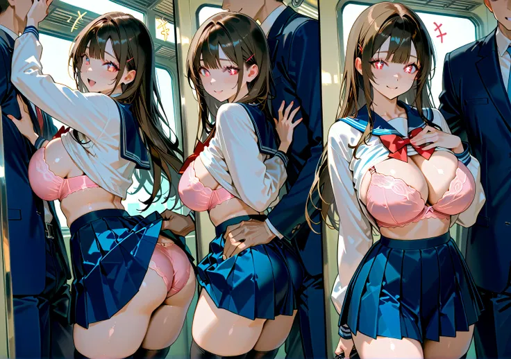  female student、 Mr..々 hairstyle、color々な髪color、 sailor suit 、  VERY SHORT PLEATED SKIRT  、Crowded train、 one woman、 cute woman、Many passengers、 thighs、 top quality、 Hi-Res、 masterpiece、 Extremely High Quality 、 colorful panties 、 big butt、 big breasts 、、4K...