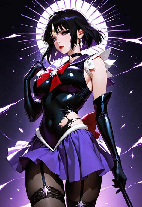  score_9, score_8_up, score_7_up,Masterpiece,  top quality,  lively,  very aesthetic,  high contrast,  semi-realistic,  latest, Sailor saturn ,black garter stocking,black elbow gloves,purple skirt,big breast,black eyeshadow,red lips,heavy makeup,black body...