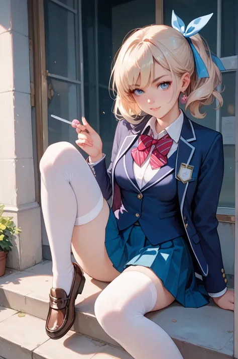 alisa mikhailovna kujou, hair ribbon, white thighhighs, loafers, pleated skirt, collared shirt, bowtie, blazer, vest