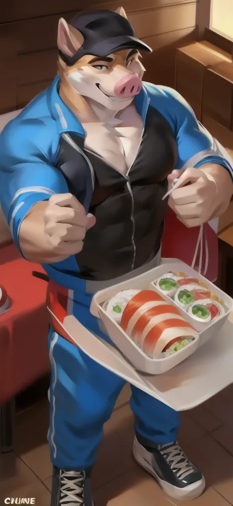  alone, male Tall​,huge​ body​, stand,Holding a lunch box, there is a lot of sushi food., den , ​ pig​ hamster ,​  blue​ ​ ​Tracksuit​ soldier​,  heavy overload,  muscle bundle, smirking,by chunie ​