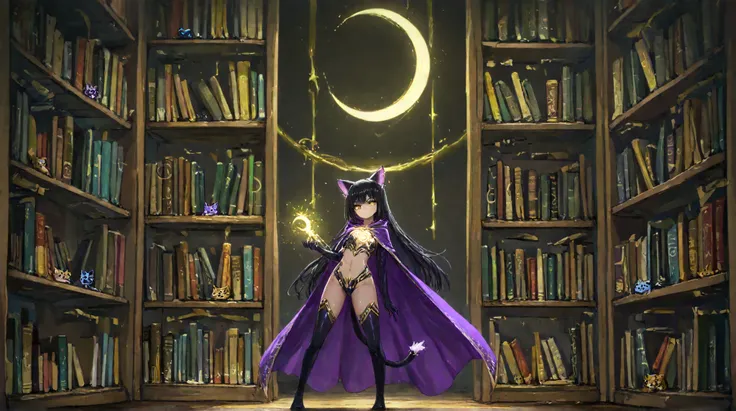 A magical cat-eared girl with long, flowing black hair and piercing golden eyes. She wears a dark purple cloak adorned with silver runes and a crescent moon emblem on her chest. Her feline ears and tail are sleek and black, complementing her mystical aura....