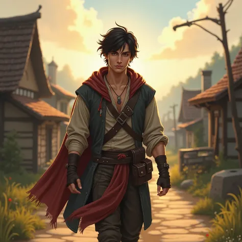 handsome man age 18, with short dark brown hair wearing bandit clothes, walking on road village, realistic 4k, RPG adventure, morning , beautiful arua sky, walking, realistic 16k