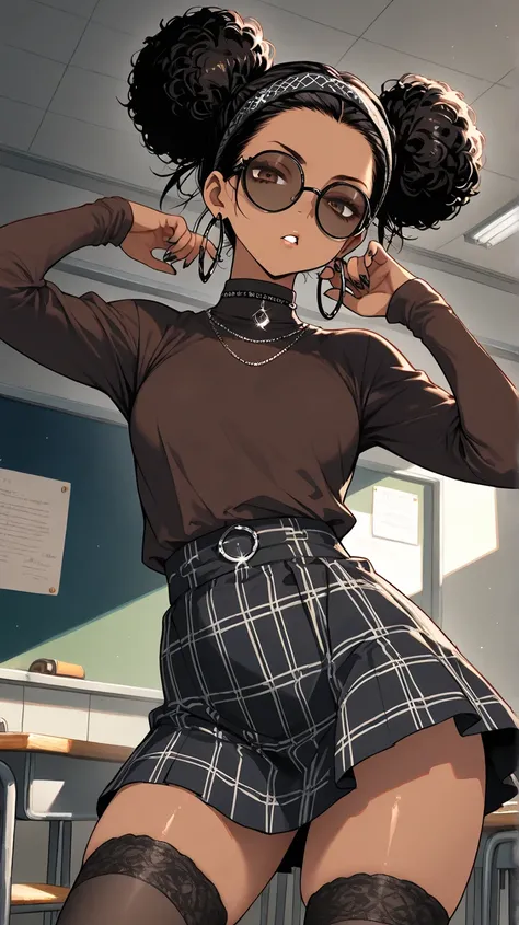 1Girl, Mature, Ebony, African American, Dark Skin, Jet Black Hair, Afro, Double Bun, Shiny Hair, Bright Brown Eyes, Black Nails, Dark Brown Eye Shadow, Medium Chest, Brown Turtleneck Shirt, Black Circular Glasses , Black Plaid Skirt, Black High-Thigh Socks...