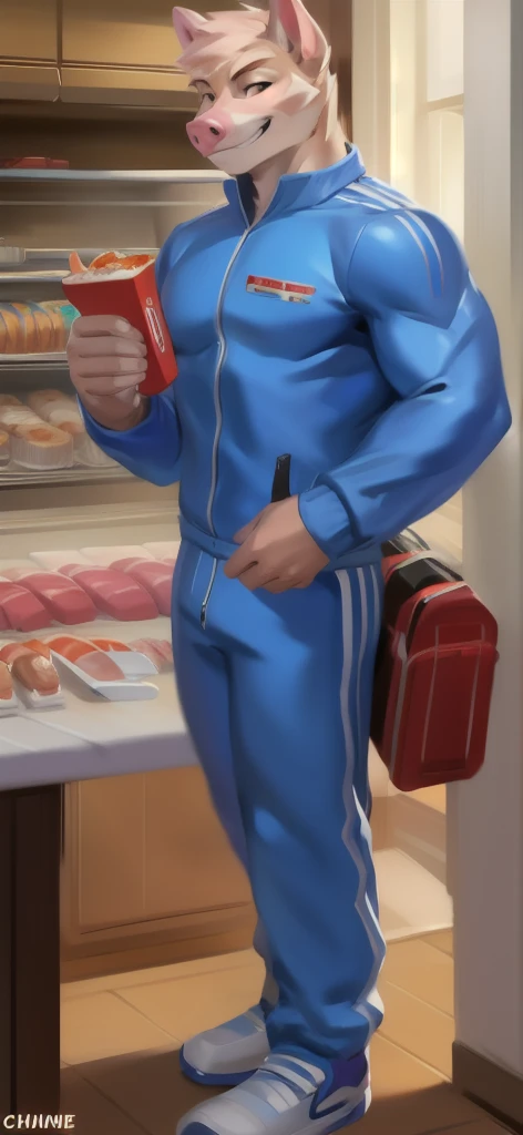  alone, male Tall​,huge​ body​, stand,Holding a lunch box, there is a lot of sushi food., den , ​ pig​ hamster ,​  ice pink ​Tracksuit​ soldier​,  heavy overload,  muscle bundle, smirking,by chunie ​