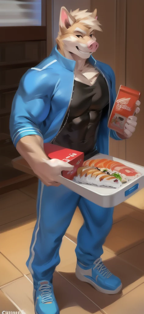  alone, male Tall​,huge​ body​, stand,Holding a lunch box, there is a lot of sushi food., den , ​ pig​ hamster ,​  ice pink ​Tracksuit​ soldier​,  heavy overload,  muscle bundle, smirking,by chunie ​