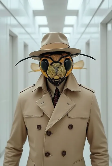 A detective wearing a beige detective coat and hat with only a wasp's head walking down a white hallway