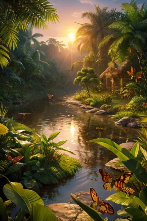 
. A realistic and highly detailed masterpiece depicting a mysterious river in the Amazon jungle.,  with the sun at sunset , Some butterflies fly 