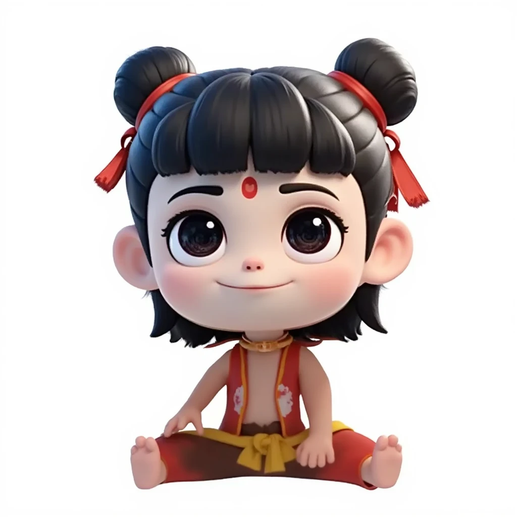 Cartoon CGI illustration, {adorable Q-style martial arts character}, chubby-cheeked child protagonist in reddish-brown traditional training uniform, exaggerated large round eyes with playful expression, small button nose, hair styled in two messy double bu...