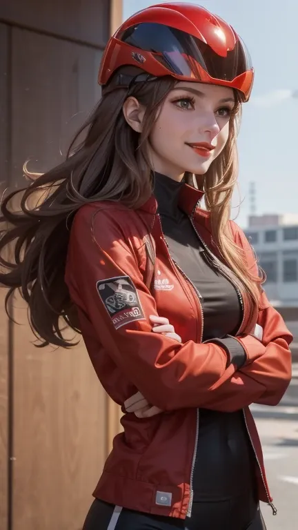 woman , long hair golden brown, normal, she is solo, from alternative world ,best quality, realistic, cycling full red black suit and cycling sports black shorts, she is stand , smile, red lipstick , helmet 