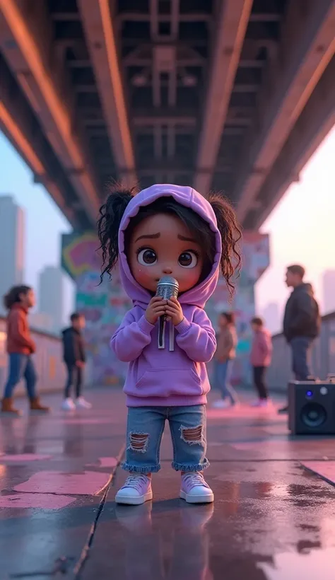 Under a graffiti-covered bridge, the 3D chibi girl stands with her tiny silver microphone, dressed in a cool lavender hoodie, ripped jeans, and stylish sneakers. A group of breakdancers performs behind her as she beatboxes and freestyles, her energy electr...