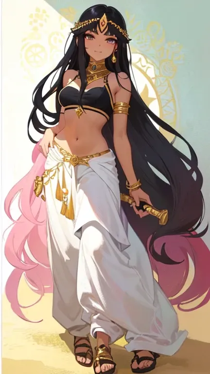 Smug tan skinned goddess with a third eye and long black hair wearing a bra and harem pants wielding a sword and wearing lots of jewelry