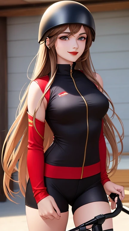 woman , long hair golden brown, normal, she is solo, from alternative world ,best quality, realistic, cycling full red black suit and cycling sports black shorts, she is stand , smile, red lipstick , helmet 