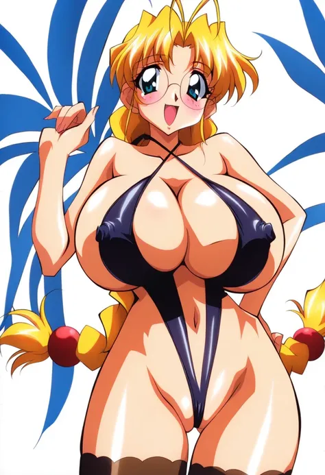 (white background),simple background,anime coloring,anime style,anime screen cap,2010s \(style\),retro style,rating_explicit,uncensored,1girl,excessive breasts,solo,highleg swimsuit,hand on hip,braid,round glasses,navel,open mouth,seductive smile,thigh_gap...