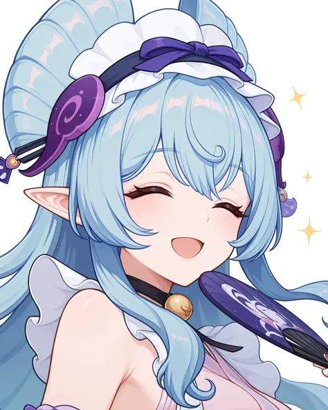  masterpiece, Mizuki,1 Girl, long hair,  bangs,  blue hair,  maid headdress, Pointed ears, happy ,  closed eyes , Holding a fan,The fan covers half of the face