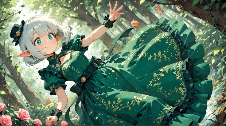 score_9, score_8_up, score_7_up, UHD, Masterpiece, amazing quality, very aesthetic, absurdres, ultra-detailed, 1girl\solo\(hamuko-chan, elf, silver bob cut,  mini hat\pink rose\lace, Intricate:1.3\Green leaf dress\frill, lace), stand on the leaves of the w...