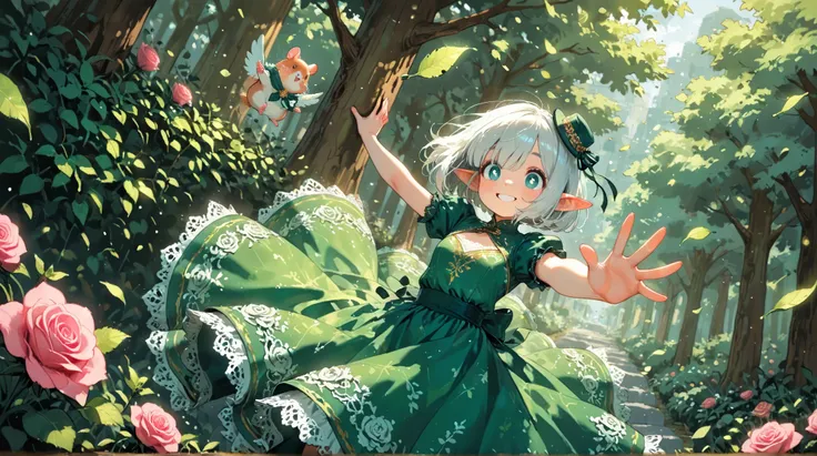 score_9, score_8_up, score_7_up, UHD, Masterpiece, amazing quality, very aesthetic, absurdres, ultra-detailed, 1girl\solo\(hamuko-chan, elf, silver bob cut,  mini hat\pink rose\lace, Intricate:1.3\Green leaf dress\frill, lace), stand on the leaves of the w...