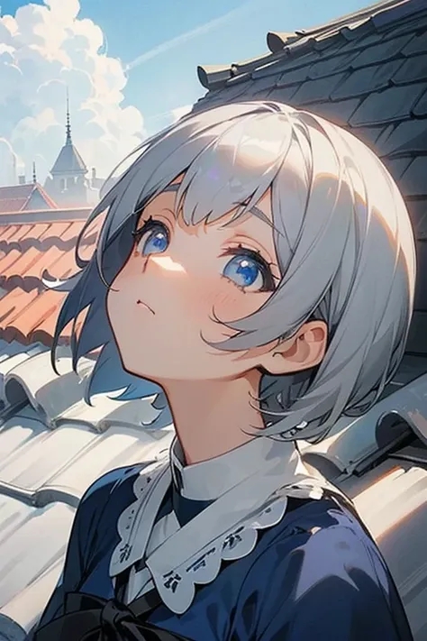     short hair、   gray hair、, , (( anime beautiful eyes looking up from the front )).        lace dress、 ((       gray eyes:1.25)).Headbang 2.、             Navy Blue Uniform        、        Looking up from the front       、(Cute upward glance).((Clear sky、...