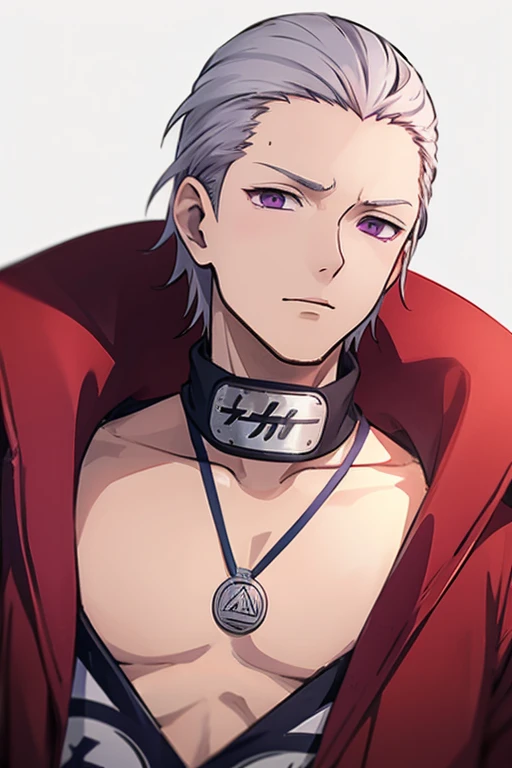 1man, Hidan, silver hair, slicked back hair, purple eyes, akatsuki cloak, upside down, triangle pendant, yugakure headband around neck