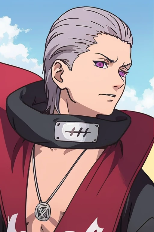 1man, Hidan, silver hair, slicked back hair, purple eyes, akatsuki cloak, upside down, triangle pendant, yugakure headband around neck