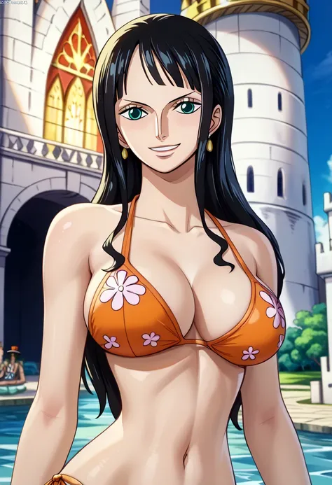 ((((Bikini:1.2))))、(((cowboyshot:1.5))), ((( Smile coldly :1.3)))、  better quality,  masterpiece, 1girl  、(((orange color  Bikini complicated、  The delicate pattern of  )))、(( undress 、 Remove bra straps 、 Remove bra straps :1.23))、(((middle breasts))),  B...