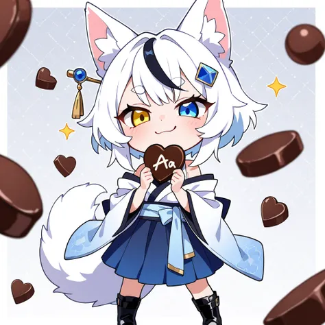 upper body, a Chibi Character, 
Solo, a girl, a SiroInuKoma, heterochromia eyes, blue eye, gold eye, thick eyebrow, a smug expression, white hair, wolf ear, blue streaked hair, fluffy tail, white dog tail, blue hairpin, 
BREAK, 
white sleeveless shirt, off...