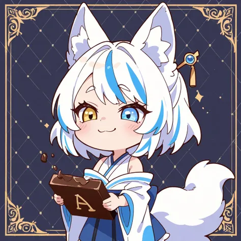 upper body, a Chibi Character, 
Solo, a girl, a SiroInuKoma, heterochromia eyes, blue eye, gold eye, thick eyebrow, a smug expression, white hair, wolf ear, blue streaked hair, fluffy tail, white dog tail, blue hairpin, 
BREAK, 
white sleeveless shirt, off...