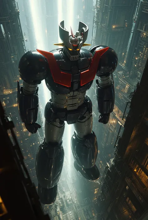  very realistic version of the modified Mazinger Z ,  Standing 100 meters high in a forward leaning position.   Constructed with modern materials such as steel  ,   Carbon Fiber  ,   Other industrial elements are also visible  ,  Just like the real thing  ...