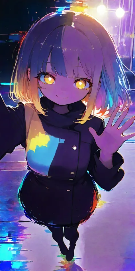 1girl,street lights, neon-color black light, tilt dutch angle,,fisheye-lens, (glitchy noise), waving hand bye-bye,(multicolor glitch,glitch,neon:1.3), overly detailed pupils,glowing,chromatic aberration,magnificent panorama view