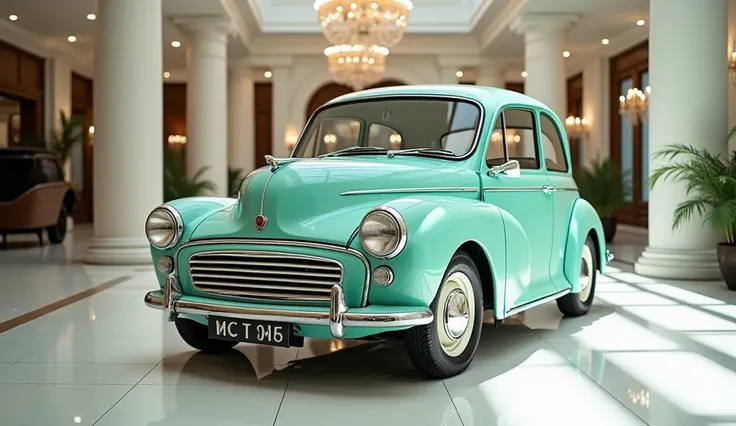 Morris Minor 1967 model front view colour sky green Set in a bright glossy luxury showroom with gleamy white floor