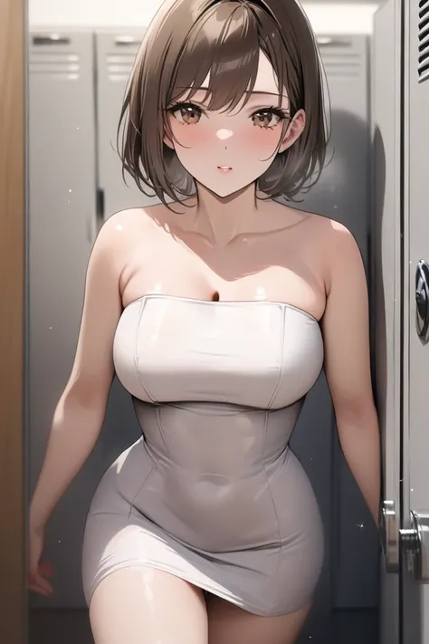 top quality, masterpiece,  Hi-Res, 8k, (1 girl), Alone, (((face shot))),   brown hair short hair,  locker room, tight cotton strapless mini office dress,  sleeveless, milf