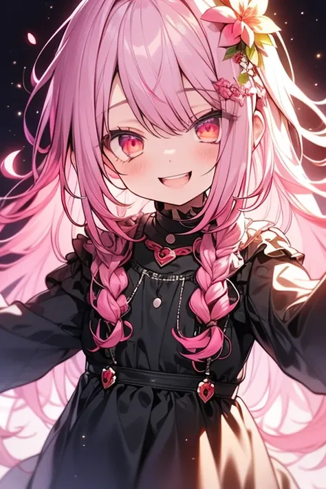  Hi-Res,  anatomically correct, 最高 quality,  quality, 高 quality,  textured skin,  long hair,  braids,  hair hanging over his shoulders,  blushes,  smiles,  happy/joy,  naughty face,  wearing a flower crown,  pink hair, cute