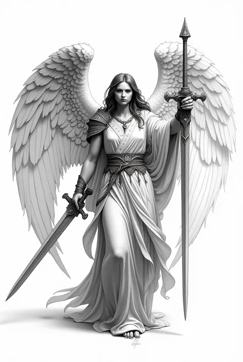 "A majestic angel wielding a large sword, standing with a powerful and protective stance. The angel has large, detailed feathered wings spread wide, and wears flowing robes with intricate patterns. The expression is calm yet determined. The sword is ornate...