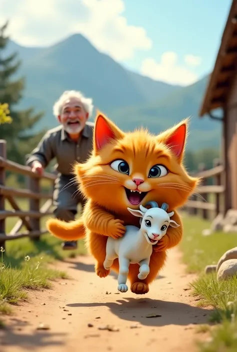 A large, fluffy orange cat (detailed fur:1.2), running energetically down a dirt path while clutching a small white goat (detailed goat features:1.1), face expressing surprise with wide eyes, (exaggerated facial features:1.3), body in a dynamic running pos...