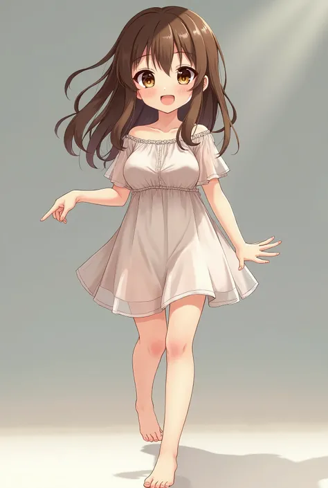  Little anime girl, brown eyes brown hair with large breasts is dressed in a short transparent dress and walks barefoot 