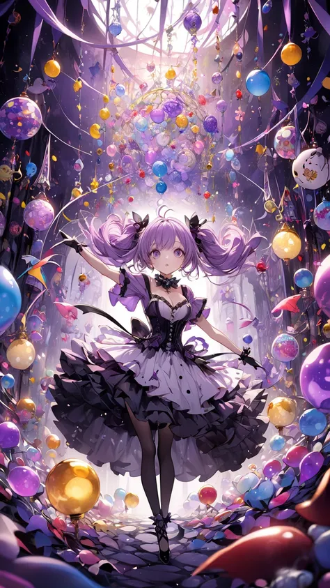 Tim Burton Style、Two-dimensional、cleavage、Light violet pigtails、dynamic composition、Lively decorations、