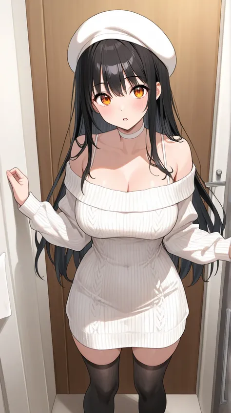 nsfw、( Masterpiece,  top quality:1.2)、Alone、 White Knit Dress、 off shoulder 、 White Beret、 black knee-high socks、Fitting Room、I'm surprised to see naughty lingerie、Amber Eyes、 long hair、 glossy black hair 、 white choker on the neck 、( top quality)、( ultra ...