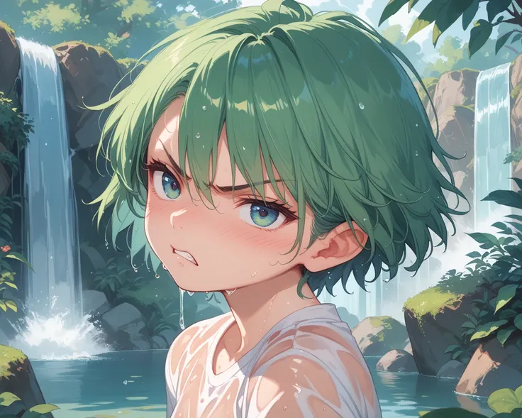 Very angry  , duchandose,  wet clothes , a girl, Alone, blush,  short hair,  green hair,  frowns , angry, waterfall,