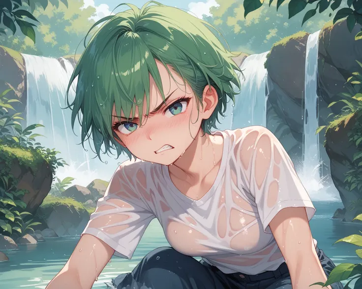 Very angry  , duchandose,  wet clothes , a girl, Alone, blush,  short hair,  green hair,  frowns , angry, waterfall,