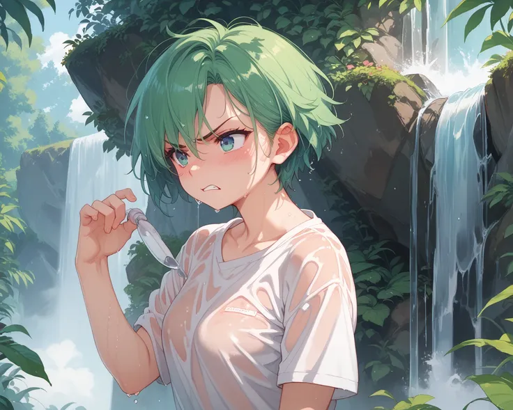 Very angry  , duchandose,  wet clothes , a girl, Alone, blush,  short hair,  green hair,  frowns , angry, waterfall,