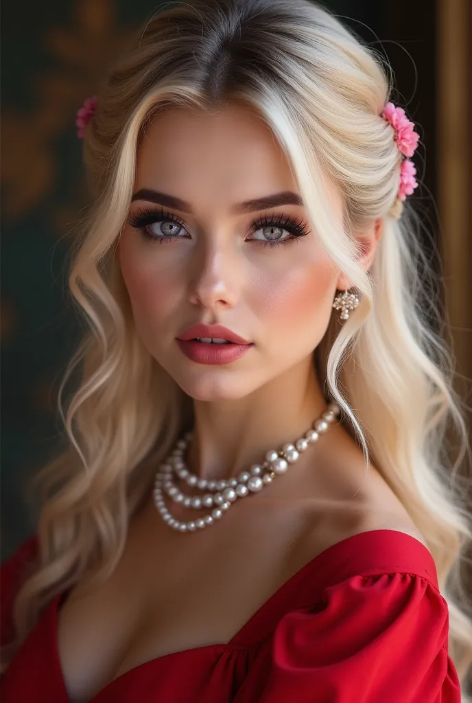 Blonde and pink gradation。Glamorous hairstyle。Mysterious and magical purple eyes。Lady in a red dress。Kecantikan mempesona。Pearl ornaments。pesta kerajaan。