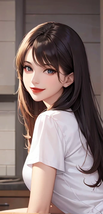 woman, smile, long hair brown, dark, she is solo, red lipstick, from alternative world ,best quality, realistic, white blue shirt, Black shorts 