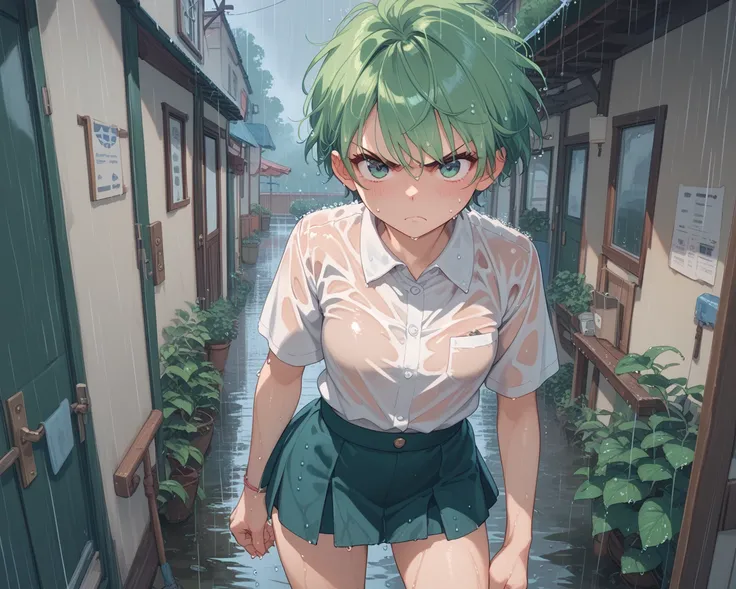 Very angry  , rain,  wet clothes , a girl, Alone, blush,  short hair,  green hair,  frowns , angry, short skirts,