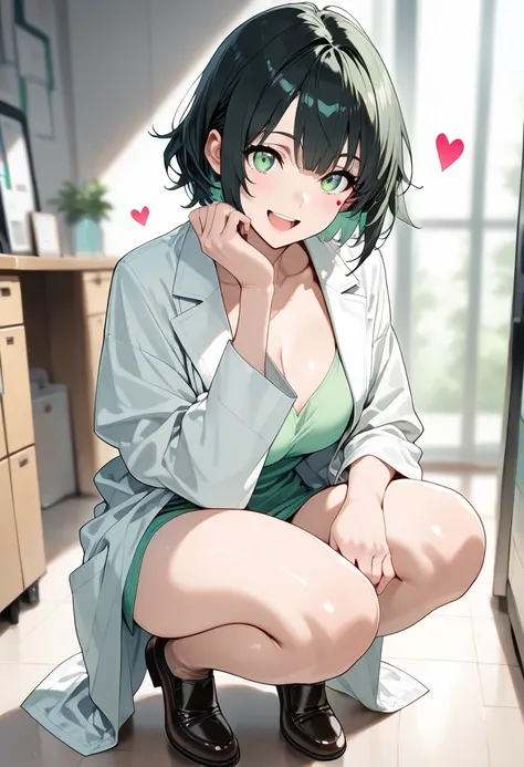 1 man ,solo, short hair, black hair, light green eyes,green lab coat, \\BREAK shiny skin, , heart mark, happy smile, looking at viewer, blurry background, open mouth, smile,25 years old good anatomy, perfect anatomy, perfect fingers, perfect hands, (master...