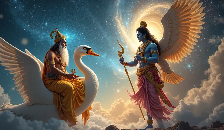 “Create a super-realistic and dramatic scene of Lord Brahma and Lord Vishnu engaged in a heated debate in the cosmic realm. Lord Brahma is seated majestically on his divine swan, his long white beard flowing, and his four faces showing different expression...