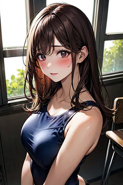  reddish brown hair that extends to the shoulders　Perfect beautiful girl　 Clear black eyes　 well-groomed 　A dark blue school swimsuit with little exposure　 delicate body　 slim　 plump breasts　Bang butt　 is so lovely　 clear　glossy　graceful　 mature face　blush...