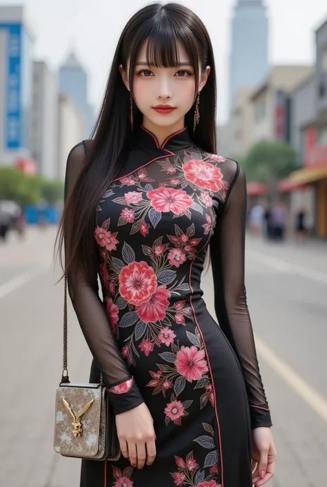  wearing perfect and realistic black pantyhose :1.6,  sharp, sharp lines,  cannon photography crystal clear ,  photorealistic,  Chinese woman wearing Hanfu  、  Celebrity News Scaster  、((  Wears China Dress and Pantyhose :1.7)), Classy China Dress  、  Soph...