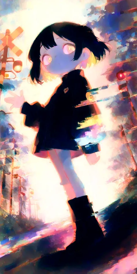 1girl,street lights, , tilt dutch angle,,fisheye-lens, (glitchy digital noise), waving hand bye-bye,(multicolor glitch,glitch,neon), overly detailed pupils,glowing,simple background,dark road, chromatic aberration,railroad crossing,distorted