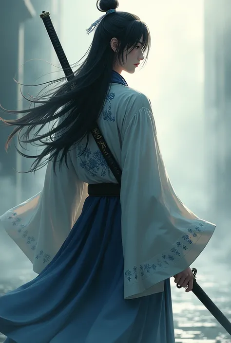 Create an anime man from behind ,  who carries a sword on his back .  He should wear a hanfu and have long hair.