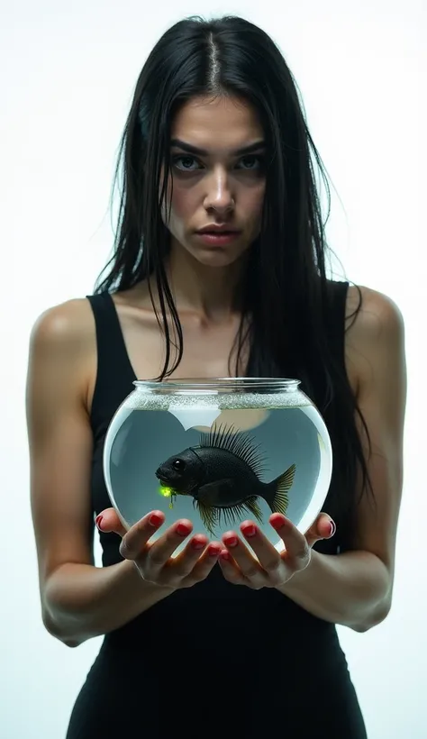 A full-body image of a woman holding a small glass aquarium in her hands, containing a deep-sea anglerfish. The woman has long, straight black hair and piercing dark eyes. She wears a simple, dark outfit, fitting closely to her form, with a slight wet shee...